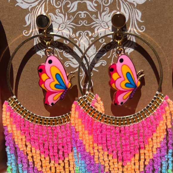 Handmade Beaded Long Tassel Fringe Dangle Drop Butterfly Post Hoop Earrings Wow! - Picture 4 of 8